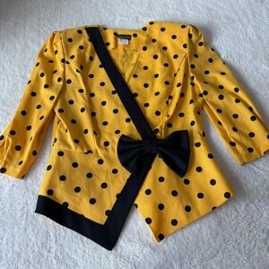 Stuart Alan Vtg 80s Peplum Polka Dot Bow‎ Blazer Women's 14 Yellow Black
